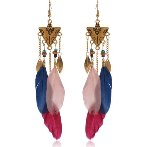 HC Ethnic Colorful Feather Drop Long Statement Earrings for Women Bohemian Jewelry Vintage Alloy Metal Geometric Earrings Gift F