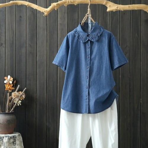 Oversized Loose 4XL Denim Women Shirts Summer Vintage Solid Blue Turn-Down Collar Ruffles Short-Sleeved Straight Female Outwear