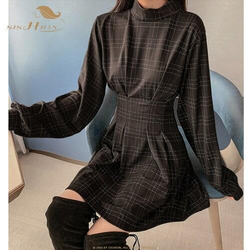 SISHION 2021 Plaid Short Sexy Gothic Dress VD1685 Long Sleeve Summer Sundress Gothic Black Dress robe sexy femme