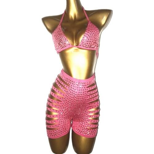 Summer Sparkly Pink Stones Sexy Bikini Set Costume Women Rhinestones Bra Short Outfit Prom Birthday Celebrate Dance Outfit