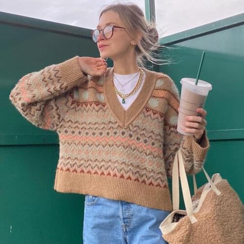 Women Knitted Plaid Y2K Jumpers Tops Fashion 2021 Autumn Winter Loose Oversized Long Sleeve V Neck Pullover Sweater Tops