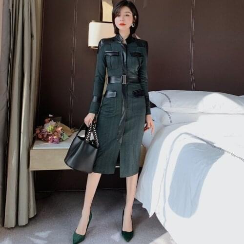 2020 Womens Dresses New Spring Autumn Fashion Designer Green Stand Collar Long Sleeve Elegant Patchwork Pencil Dress Vestidos