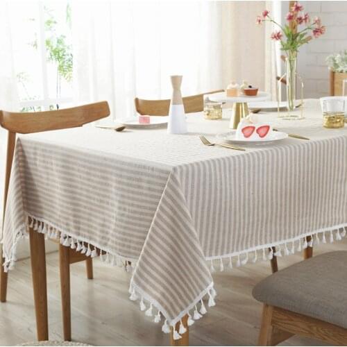CFen As Quality Dining Tablecloth Rectangle Cotton Linen Stripe Print Table Cloth Tassels Home Kitchen Banquet Table Cover 1pc