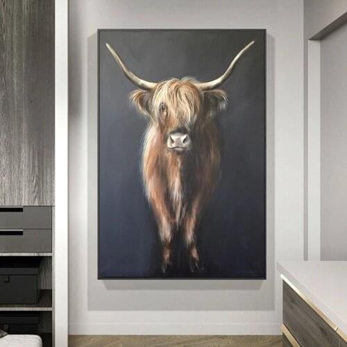 Black Highland Cow Cattle Canvas Art Nordic Painting Posters and Prints Scandinavian Wall Art Pictures for Living Room Decor