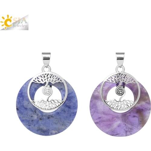 CSJA Round Natural Stone Pendant for Necklace Two Tree of Life Crystal Jewelry Purple Quartz Lapis Lazuli Girlfriend Gifts F839