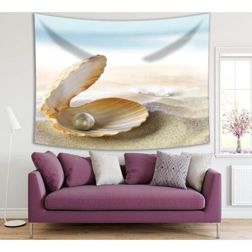 Tapestry An Open Shell with Pearl on Sand Beach Summer Seashore Natural Jewel Photo Beige