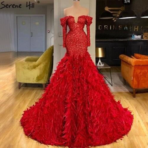 Red Mermaid Long Sleeves Dubai Evening Dresses 2020 Off Shoulder Sparkle Feathers Formal Dress Serene Hill HM67127