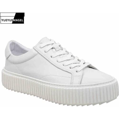 Men Height Increasing Genuine Leather Sneakers Casual Shoes Lace-Up Round Toe Spring Autumn Cowhide Solid White Thick Platform