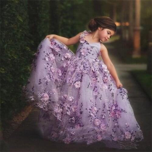 Lavender Lace Flower Girl Dresses 3D Floral Applique Tulle A Line Floor Length Girls' Formal Birthday Party Pageant Dress