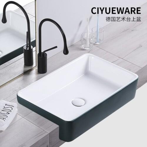 Nordic semi-embedded washbasin semi-thrown narrow dark green above counter washbasin ceramic semi-inlaid washbasin