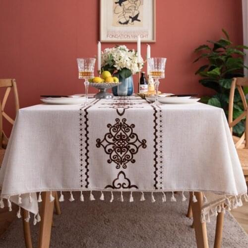Retro Porcelain Embroidered With Tassel Polyester Linen Tablecloth Home Dinner Decor Table Cover