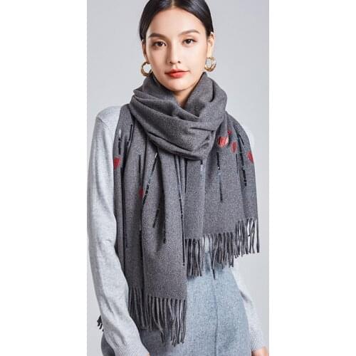 [PTAH] Women Thick Soft Cashmere Shawl Wrap Scarf Stole Autumn Winter Temperament Elegant Embroidery Large Length Scarf 190*65cm