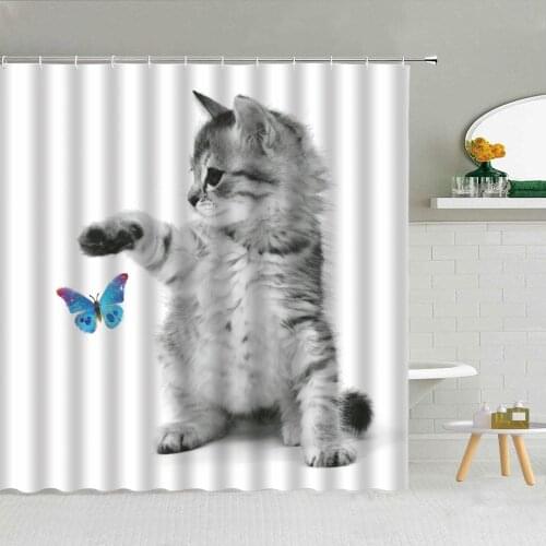 Cute Animal Cat Butterfly Dog Shower Curtain Fabric High Quality Bathroom Supplies Home Decor With Hooks Cloth Curtains Washable