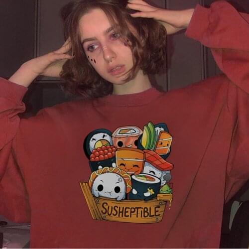 Susheptible Sushi Print Sweatshirts Casual Creative Women Hoody Warm Autumn Fleece Hoody Funny Cool Fashion Sweatshirts Women