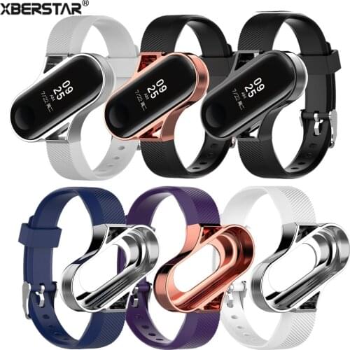 XBERSTAR Wristband Strap for Xiaomi Mi Band 3 Smart Wristband Tracker w/ Shell Holder Silicone Watch Band Stainless Steel Case