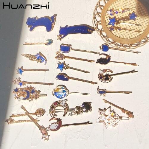 HZ 2020 Japan Fantasy Starry Sky Moon Cat Sequin Glaze Metal Hair Clip Hair Pins Head Accessories for Women Girls Jewelry
