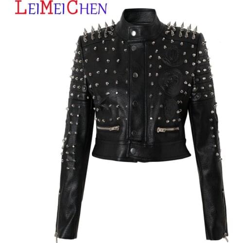 LEIMEICHEN New Stand Collar Rivet Short Slim Locomotive PU Leather Jacket Women Cool Girl Fashion Rock Punk Style Jacket 6060