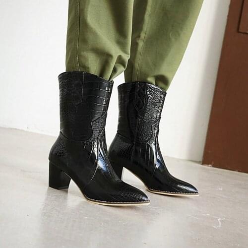 Leather PU Black High Boots with Heels Ankle Boots Women Platform Shoes for Autumn Winter Pointed Toe Comfort Catwalk