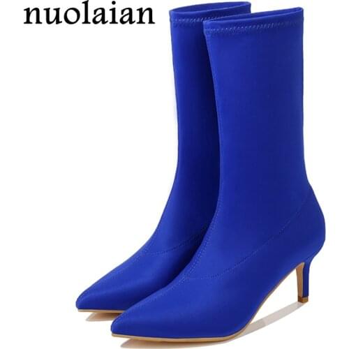 6CM Slip On Stretch Fabric Boots For Woman Thin High Heel Shoes Womens Winter Ankle Boots Women Chaussure Punk Platform Boot