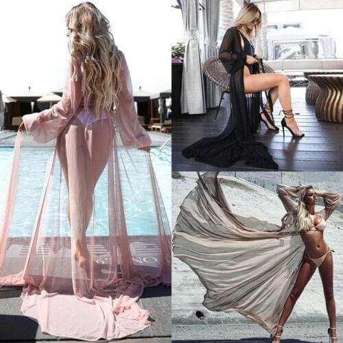 2020 Summer Brand Feminino Women Transparent Beach Maxi Dress Swimwear Bikini Cover-up Tunic Chiffon Female Bathing Suit