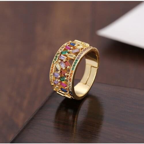 High quality Womens gold cz open ring adjustable rainbow ring Wedding rings Multicolored crystal copper ring for women
