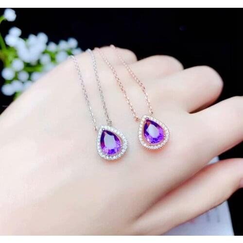 Welfare:water drop style purple amethyst gemstone pendant for women necklace real 925 silver gold plated natural gem gift