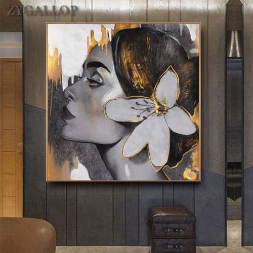 Flowers Women Portrait Canvas Painting Wall Art Golden Girl Posters and Prints Light Luxury Wall Pictures for Living Room Decor
