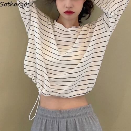 Long Sleeve T-shirts Women Crop Tops Casual Ins Shirring Striped Adjustable Leisure Baggy Students Retro Streetwear Fashion New