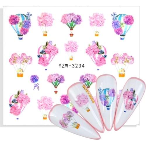 1 Sheet Small Fresh Green Leaves Pink Flowers Water Decals Simple Floral Bouquet Transfer Stickers Slider Nail Art Decoration