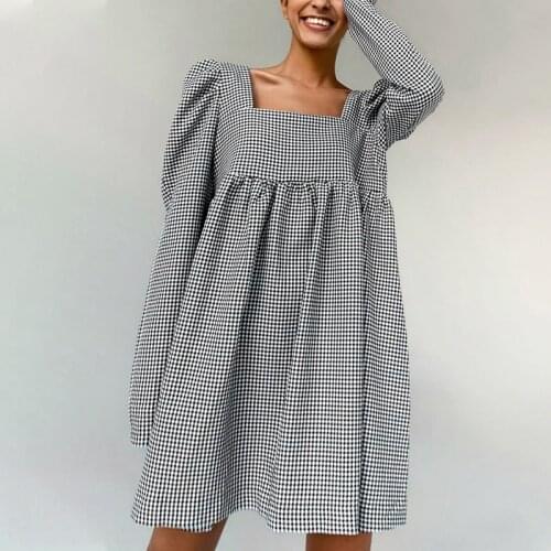 Plaid Square Collar Fluffy Sleeve Womens Dresses A-line Loose Female Mini Dress 2021 Spring Elegant Casual Fashion Lady Dress