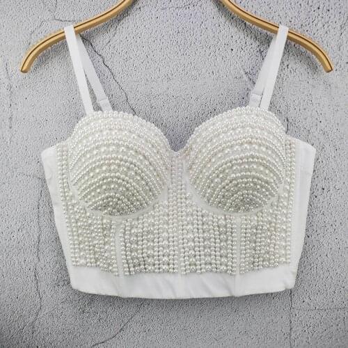 Women Sexy Designer Beading White Black Cotton Camisole Tops Summer 2021 Ladies Trendy High Street Short Camis Crop Tops