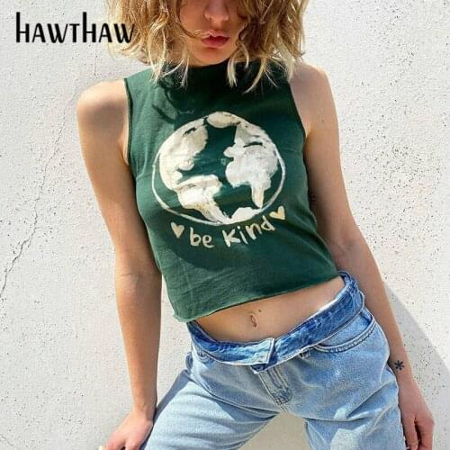 Hawthaw Women Summer Sleeveless O Neck Slim Butterfly Printed Fashion Short Tank Tops Camis 2021 Female Clothing Streetwear