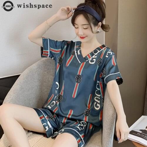Ladies Pajamas Summer Short Sleeve Shorts Two Ice Silk Suit Web Celebrity Ins Emulation Silk Silk Cartoon Cute Household to Take