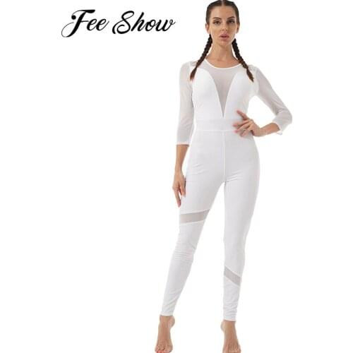Women Adults Gymnastics Leotards Stretchy Yoga Gym Fitness Jumpsuit Catsuit Skinny Hollow Out Mesh High Waist Bodysuit Jumpsuits