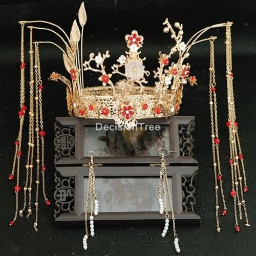 2021 oriental chinese wedding bridal crown vintage red bead hair accessories jewelry gold long tassel pageant crowns tiaras
