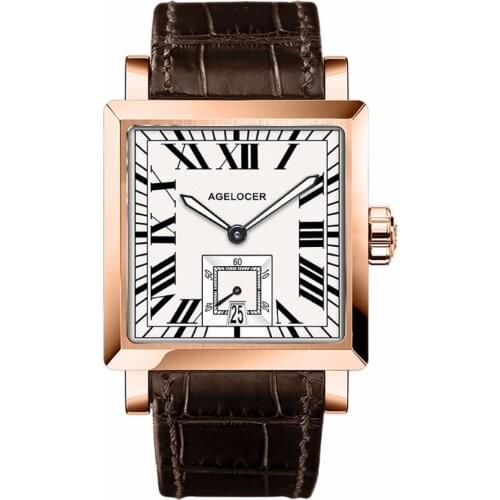 Agelocer Square Fashion Watches Mens Rose Gold Analog Automatic Watches Genuine Leather Strap Luxury Watches Waterproof 3302D2