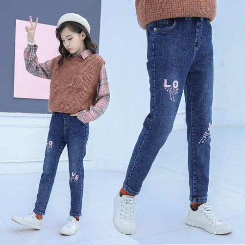 Kids Denim Trousers 5-16 Girls Jeans Spring Stretchy Soft Denim Pants Kids Trousers Embroidery Flowers Clothes Girls Clothing