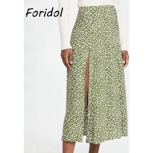 Foridol Polka Dot Side Slit Long Skirts Womens High Waist Boho Summer Maxi Skirt Bottoms Casual A-line Beach Green Skirts 2021