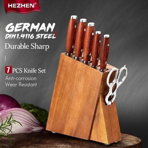 HEZHEN BASIS Series 5-7PC Knife Set Stainless Steel Walnut Scissors Pakka Wood Handle With Knife Holder Kitchen Tools