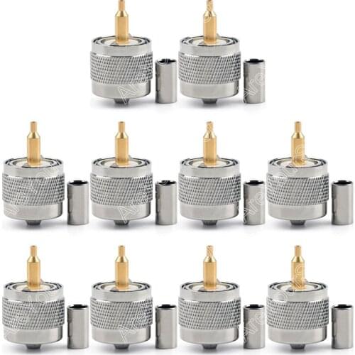 Areyourshop Hot Sale 10 Pcs Connector UHF Male PL259 Plug Crimp RG58 RG142 LMR195 RG400 Cable Straight Brass Gold Plating