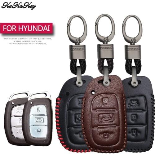 Leather Car Key Case Cover Protection Shell Skin For Hyundai iX20 I30 IX35 I40 Ix25 Tucson Verna Sonata Car Keyring Keychain