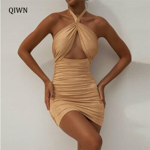 Fashion Ruched Sexy Backless Halter Dresses Summer 2021 Ladies Sleeveless Cut Out Bodycon Dresses Vestido Clothes
