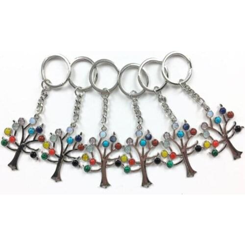 New style wholesale 12pcs/lot Colorful natural stone pendant keyring Moon agatess crystal 7 Chakra decorated with natural stone