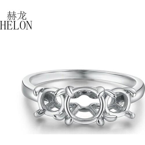 Solid 14K White Gold Three Stone Round 6mm & 5mm Semi Mounts Engagement Ring Setting For Women Birthday Anniversarry Best Gift