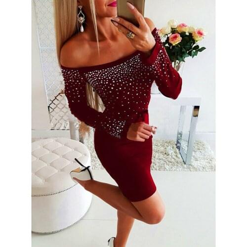 Autumn Women Bodycon Dress Slim Sexy Off Shoulder Hot Drilling Solid Color 2020 Design Party Mini Dresses Pencil Skirt