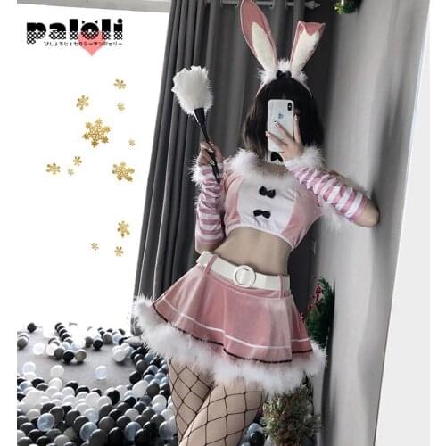 Paloli Cute Pink Red Bunny Girl Christmas Costume Sexy Halloween Uniform Temptation Kawaii Maid Cosplay Erotic Outfit For Girls