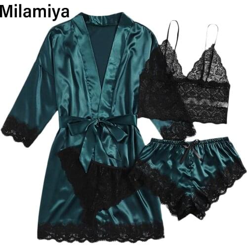 Pajama Set Women Lace Trim Satin Sleepwear Pyjamas Pour Femme Summer Nightwear With Pants Casual Home Wear Kimono Robe Gown