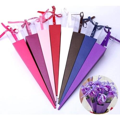 PVC Triangle rose flower packaging box Cones Single Bouquet Gift Box Flower Paper Bag With Ribbon Valentines Day Christmas