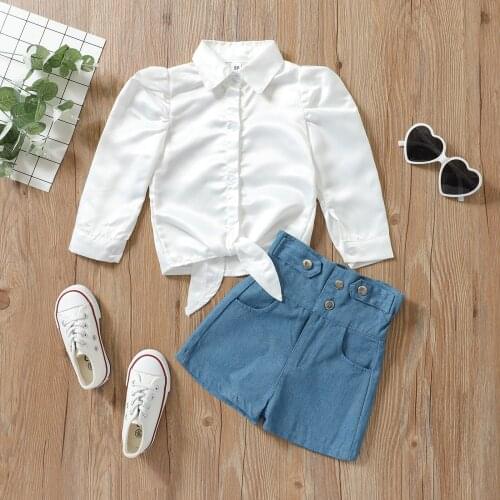 2 Pcs Baby Girls Clothes Autumn Casual Set Tie-up Button-down Solid Color Long Sleeve Shirt + Denim Shorts for 1-5 Y Girls