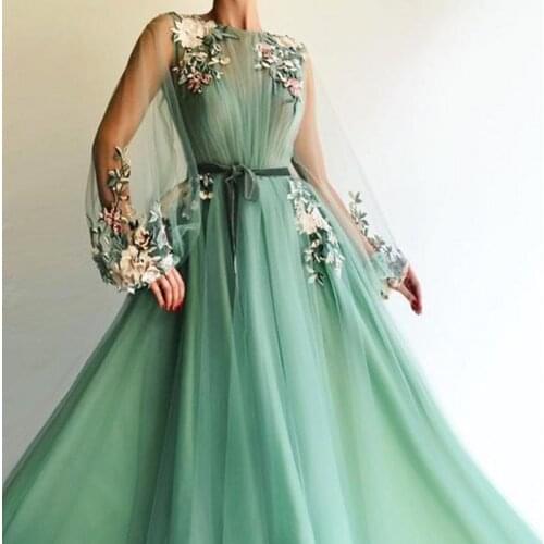 Sexy Fashion Evening Dresses Green Long Sleeve Perspective Handmade Flower Prom Dresses Real Photo BLE4055